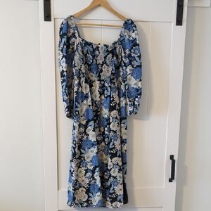 J. Crew Blue Floral Smocked Midi Dress